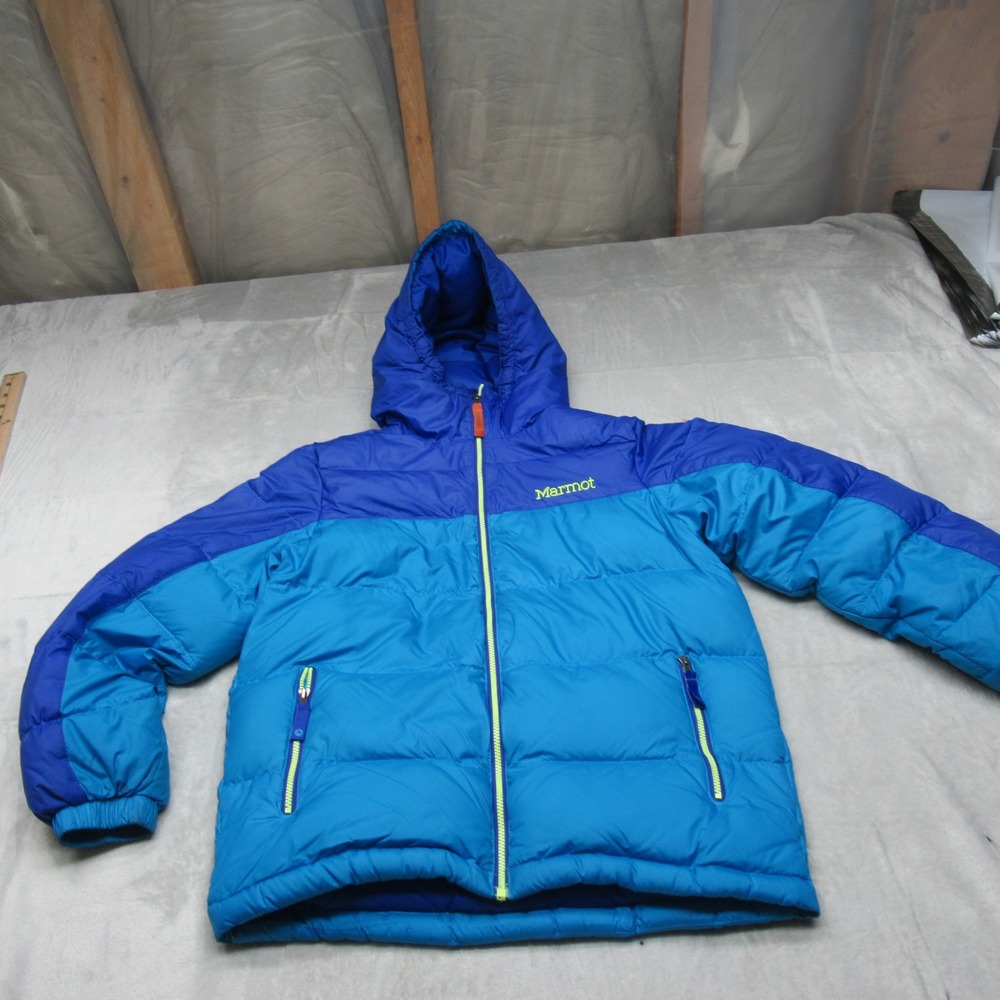 Marmot Down Jacket Youth Large Blue 650 Fill Hooded Insulated‎ Quilted Puffer